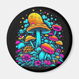 Retro Neon Mushrooms and Flowers Ai Art Magnet