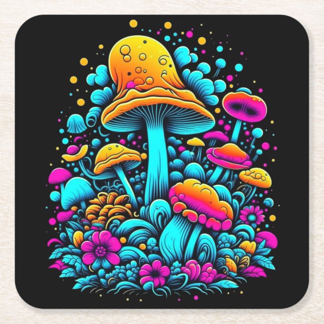 Retro Neon Mushrooms and Flowers Ai Art Square Paper Coaster (Front)