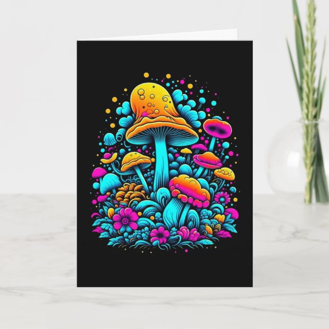 Retro Neon Mushrooms and Flowers Birthday Card (Front)