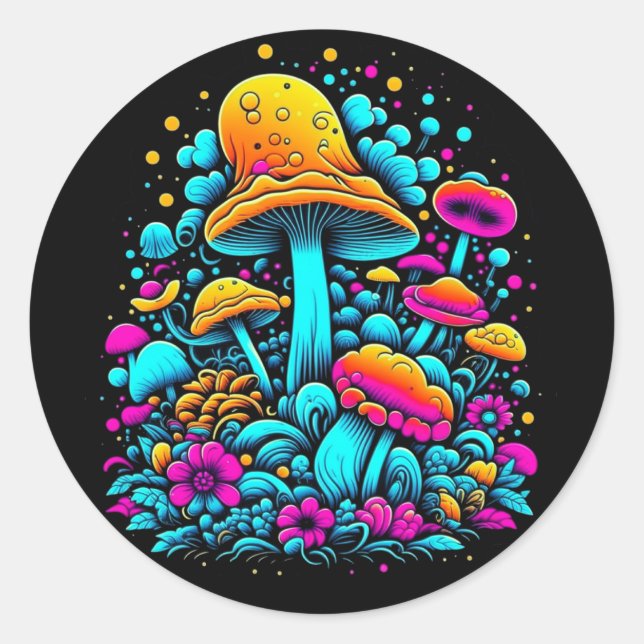 Retro Neon Mushrooms and Flowers  Classic Round Sticker (Front)