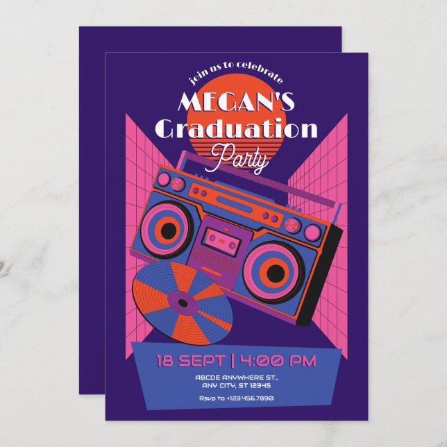 Retro neon music electro graduation party invitation (Front/Back)
