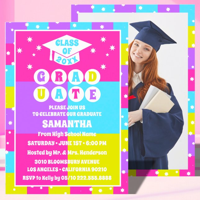 Retro Neon Photo Graduation Party Invitation (Creator Uploaded)