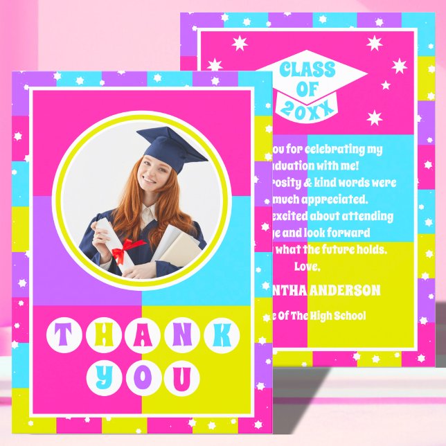 Retro Neon Photo Graduation  Thank You Card (Creator Uploaded)
