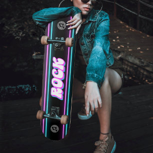 Retro Neon Pink & Blue Rock Music Note Skateboard