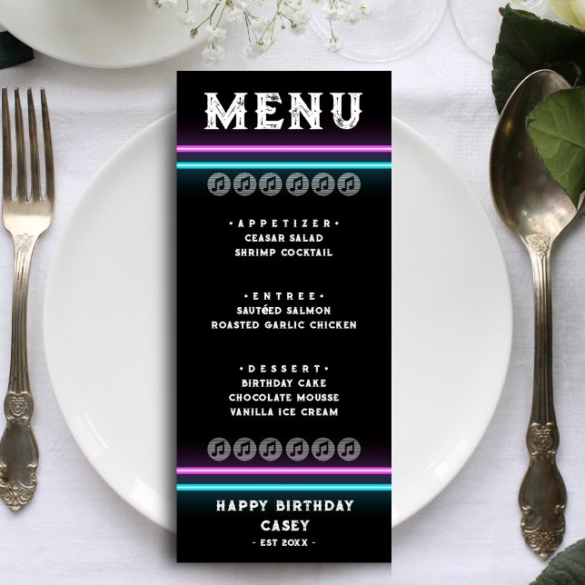 Retro Neon Pink & Blue Striped Birthday Dinner Menu (Retro Neon Pink & Blue Striped Birthday Dinner Menu)