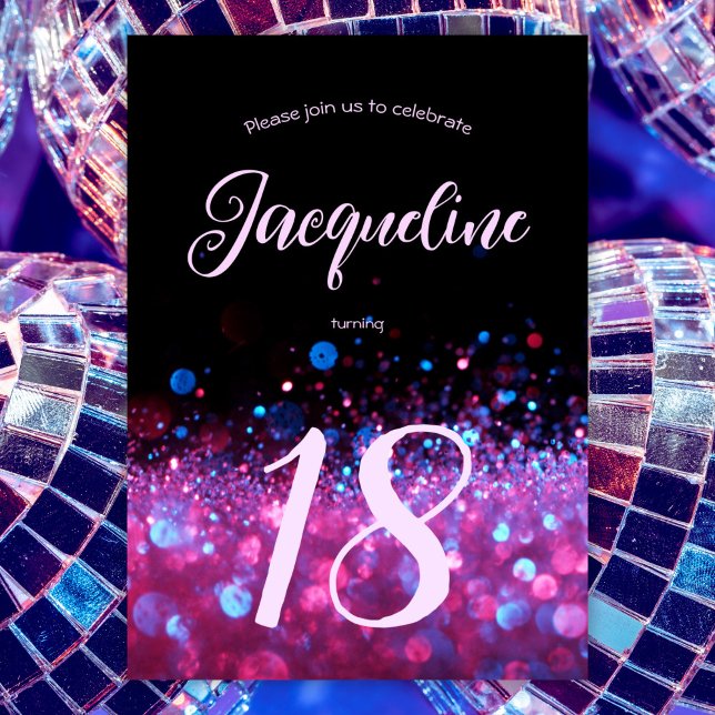 Retro Neon Pink Glitter Glow Script 18th birthday Invitation (Creator Uploaded)
