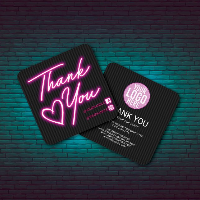 Retro Neon Pink Lights Customer Thank You Square B Business Card (Creator Uploaded)