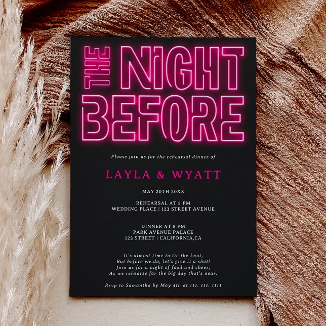 Retro neon pink night before rehearsal dinner invitation (Creator Uploaded)