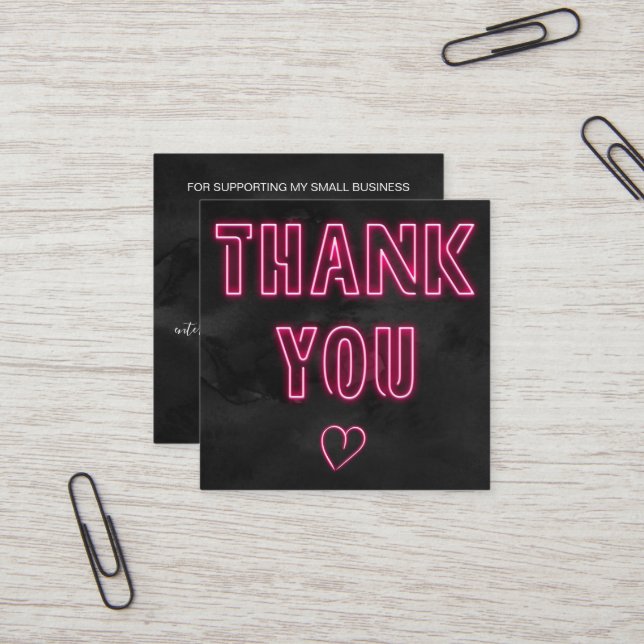 Retro neon pink sign black order thank you square business card (Front/Back In Situ)
