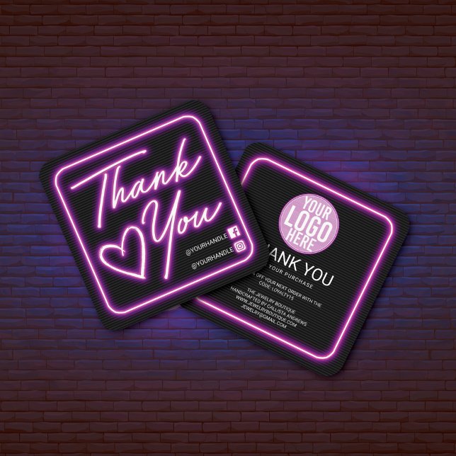 Retro Neon Purple Lighted Sign Customer Thank You Square Business Card (Creator Uploaded)