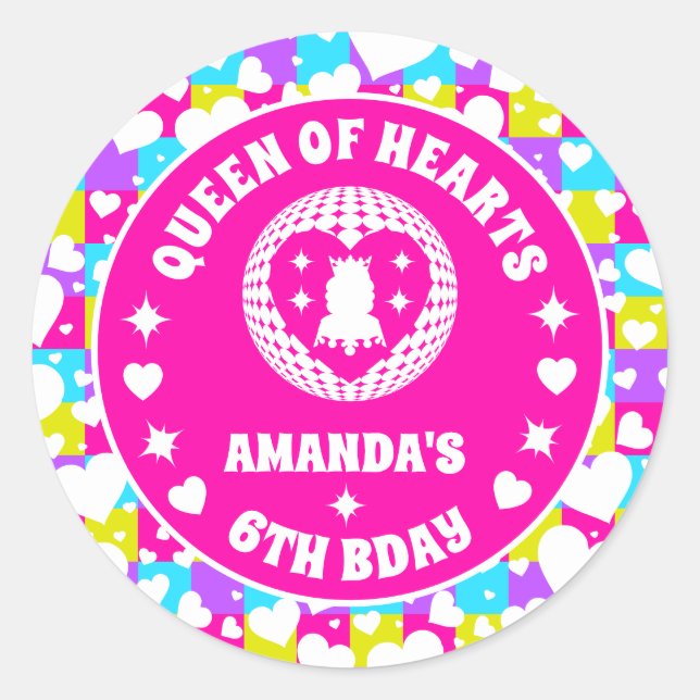 Retro Neon Queen Of Hearts Birthday Classic Round Sticker (Front)
