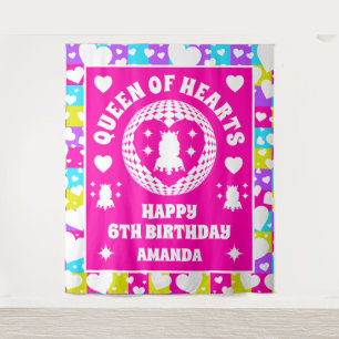 Retro Neon Queen Of Hearts Birthday Party Banner Tapestry
