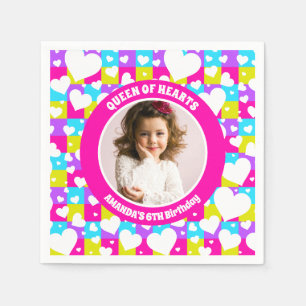 Retro Neon Queen Of Hearts Birthday Party Photo Napkin