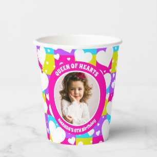 Retro Neon Queen Of Hearts Birthday Party Photo Paper Cups