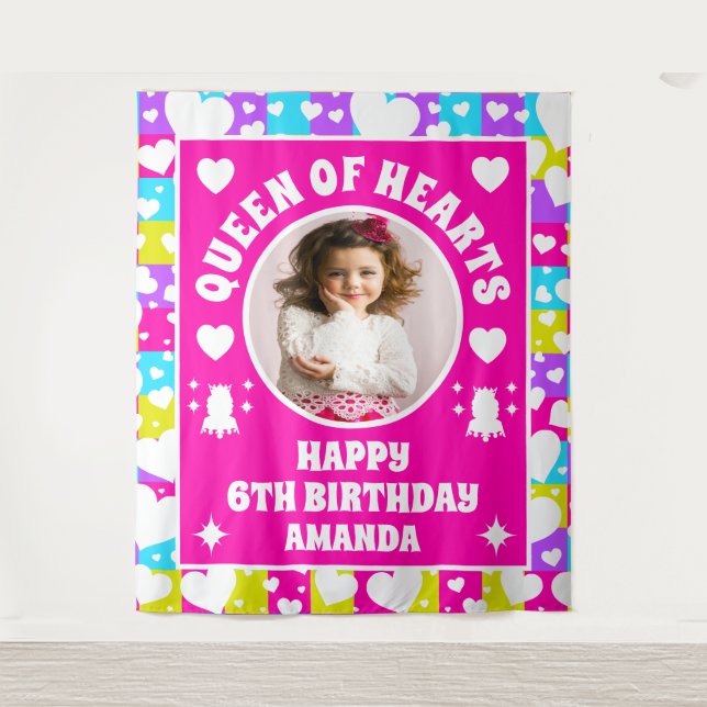 Retro Neon Queen Of Hearts Birthday Photo Banner Tapestry (Front)