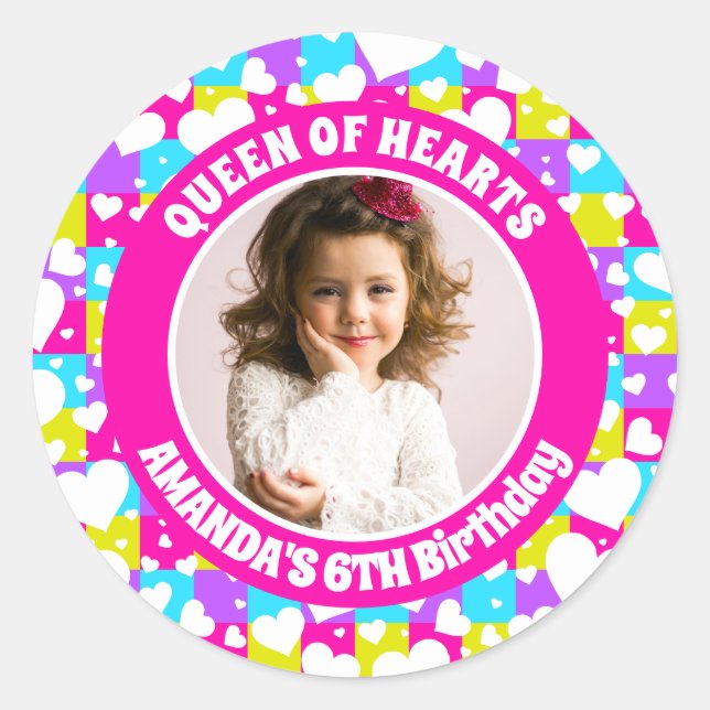 Retro neon Queen Of Hearts Birthday Photo Classic Round Sticker (Front)