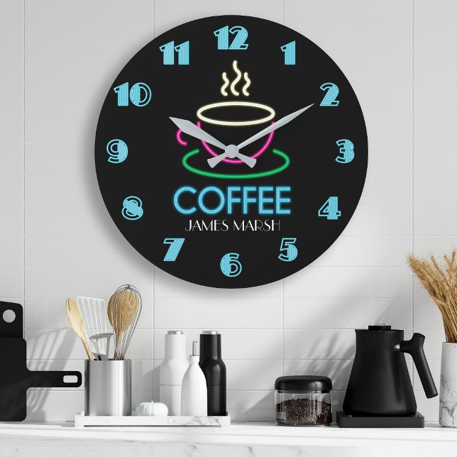 Retro Neon Sign Coffee Cafe Large Clock (Creator Uploaded)