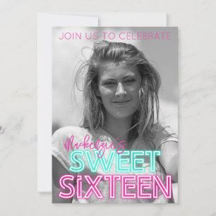 Retro Neon Sign with Black & White Photo Sweet 16 Invitation