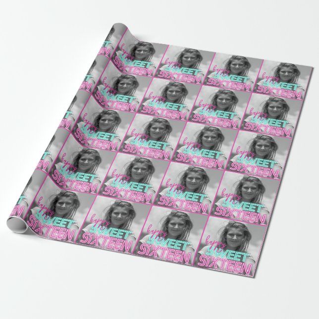 Retro Neon Sign with Black & White Photo Sweet 16 Wrapping Paper (Unrolled)