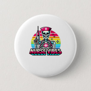 Retro Neon Skeleton Nurse � Funny Spooky Medical D 6 Cm Round Badge