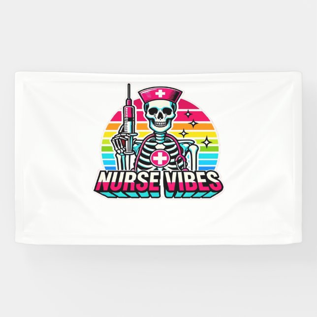 Retro Neon Skeleton Nurse – Funny Spooky Medical D Banner (Horizontal)