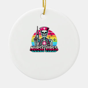 Retro Neon Skeleton Nurse � Funny Spooky Medical D Ceramic Ornament