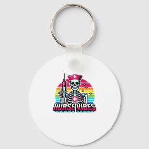 Retro Neon Skeleton Nurse � Funny Spooky Medical D Key Ring