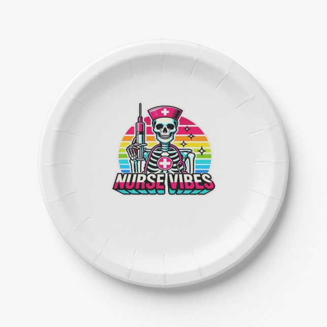Retro Neon Skeleton Nurse � Funny Spooky Medical D Paper Plate (Front)
