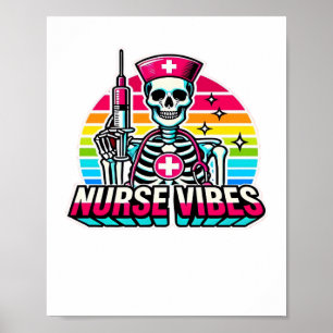 Retro Neon Skeleton Nurse – Funny Spooky Medical D Poster