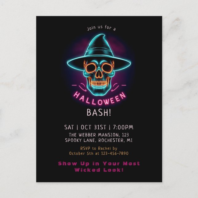 Retro neon skull halloween postcard (Front)