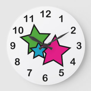 Retro Neon Stars Pink Blue Green Large Clock