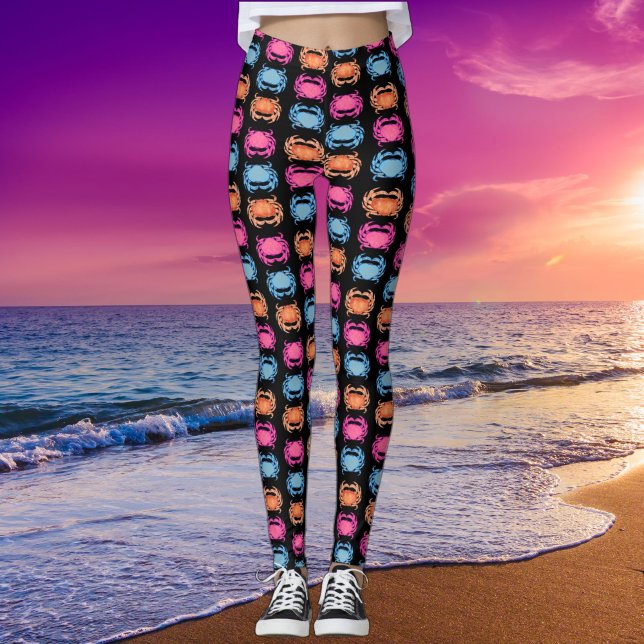 Retro Neon Style Pink 80s Ocean Crab Pattern Black Leggings (Creator Uploaded)