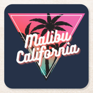 Retro Neon Sunset Palm Trees Malibu California Square Paper Coaster