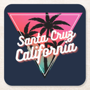 Retro Neon Sunset Palm Trees Santa Cruz California Square Paper Coaster