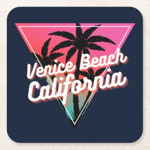 Retro Neon Sunset Palm Trees Venice Beach Square Paper Coaster