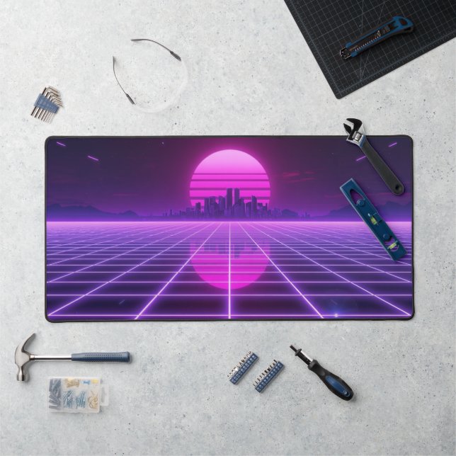 Retro Neon Synthwave Infinity Grid Horizon Aesthet Desk Mat (Workstation)
