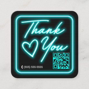 Retro Neon Teal Lighted Sign Customer Thank You Square Business Card
