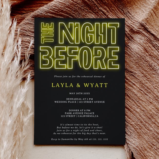 Retro neon yellow night before rehearsal dinner invitation (Creator Uploaded)