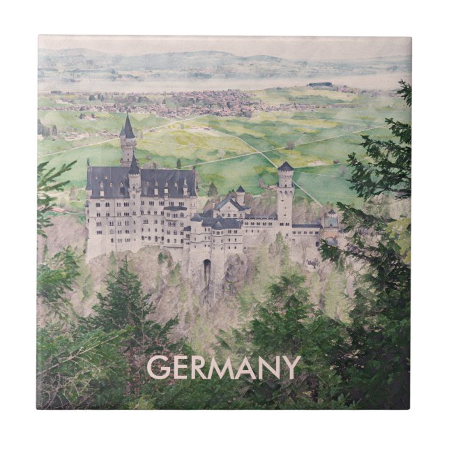 Retro Neuschwanstein Castle in Germany Ceramic Tile (Front)