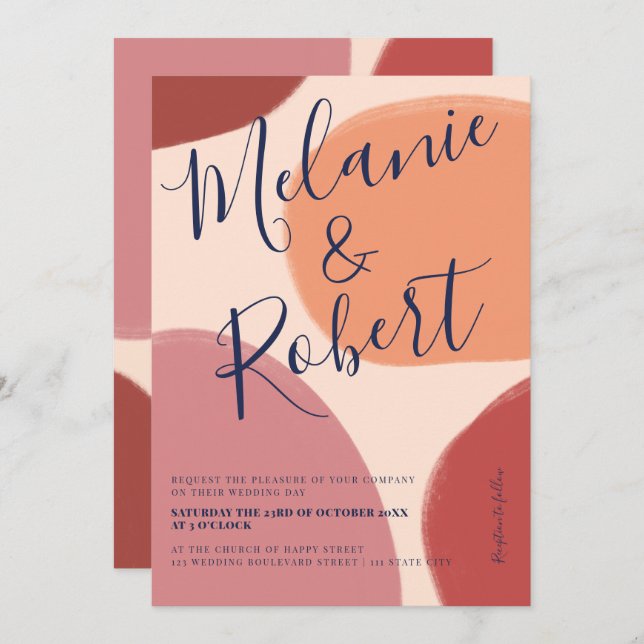 Retro neutral shapes earth tone wedding initials invitation (Front/Back)