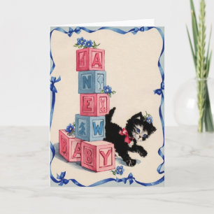 Retro New Baby Greeting Card With Kitten