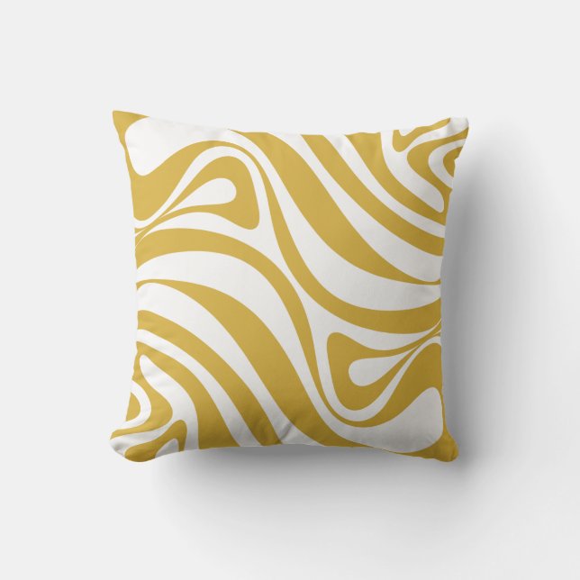 Retro New Groove Trippy Abstract Mustard and White Cushion (Front)