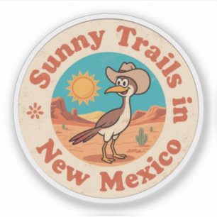Retro New Mexico Badge_ Roadrunner with Rising Sun