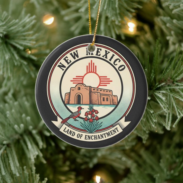 Retro New Mexico Land of Enchantment Badge Ceramic Ornament (Tree)