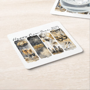 Retro New Year 2025 Square Paper Coaster