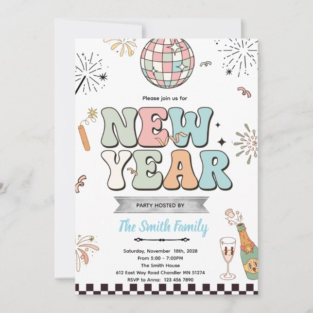 Retro new year party invitation (Front)
