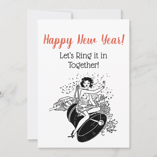 Retro New Year’s Woman Ringing in New Year Invitation (Front)