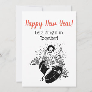 Retro New Year’s Woman Ringing in New Year Invitation