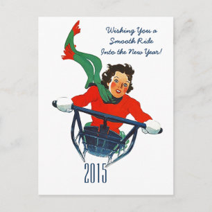 Retro New Year's Greeting Winter Sledding Postcard