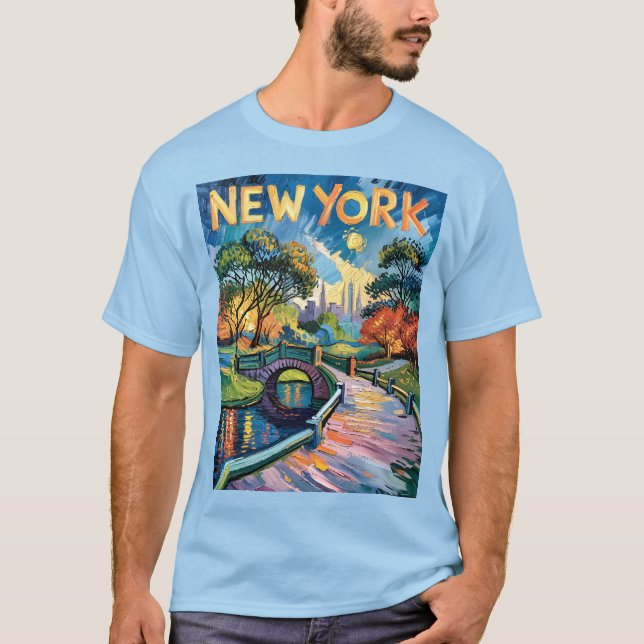Retro New York Central Park Van Gogh Cityscape Art T-Shirt (Front)